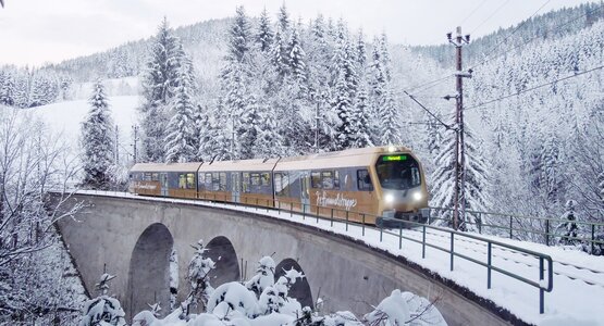 Zug, Schnee, Winter, Wald, Brücke | © Mariazellerbahn im Winter (c) NB Heussler